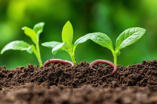 Fresh green seedlings growing in rich soil with earthworms, symbolizing the importance of composting and a healthy ecosystem for sustainable agriculture and gardening
