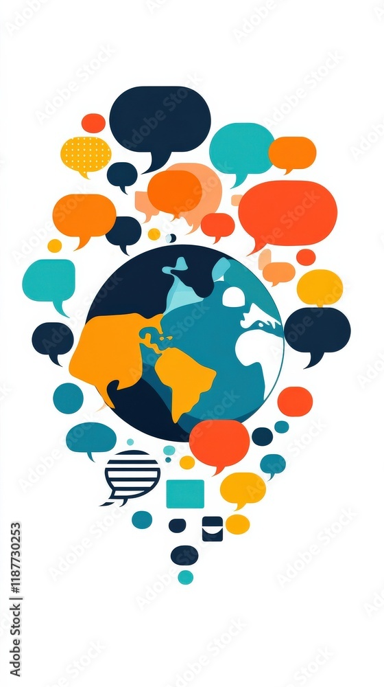 Poster abstract illustration of globe surrounded by colorful speech bubbles representing global communicati