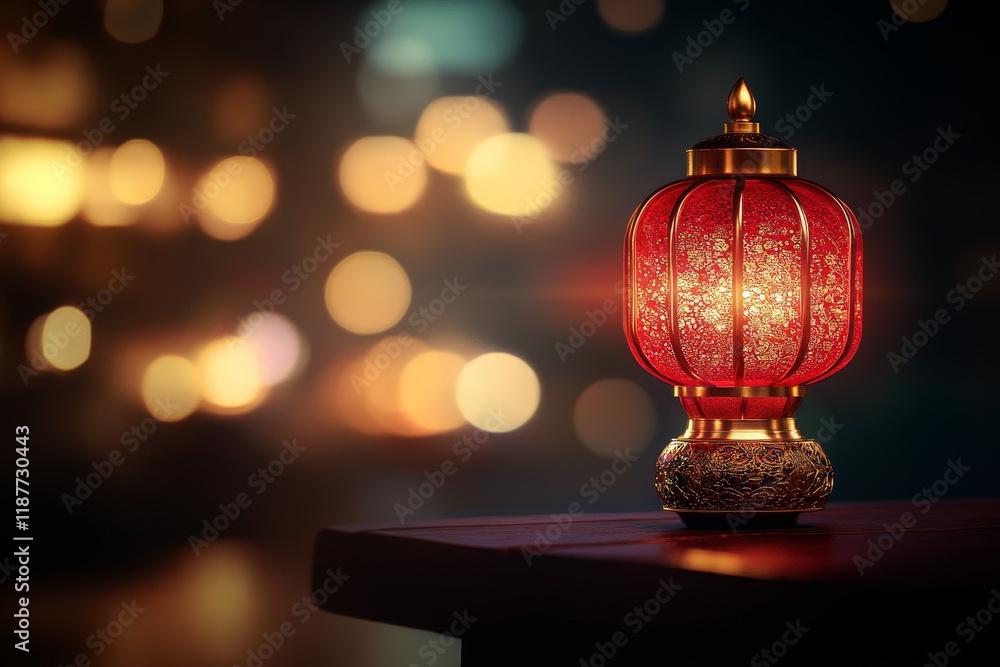 Poster glowing red lantern with intricate design amidst soft bokeh lights