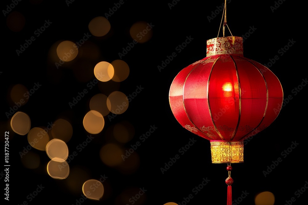 Poster red chinese lantern glowing with soft bokeh lights in the background