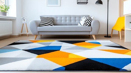 Geometric Rug  Modern Living Room Decor  Grey Sofa  Yellow Chair