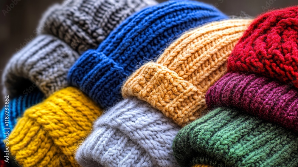 Poster colorful knit woolen hats displayed in vibrant array