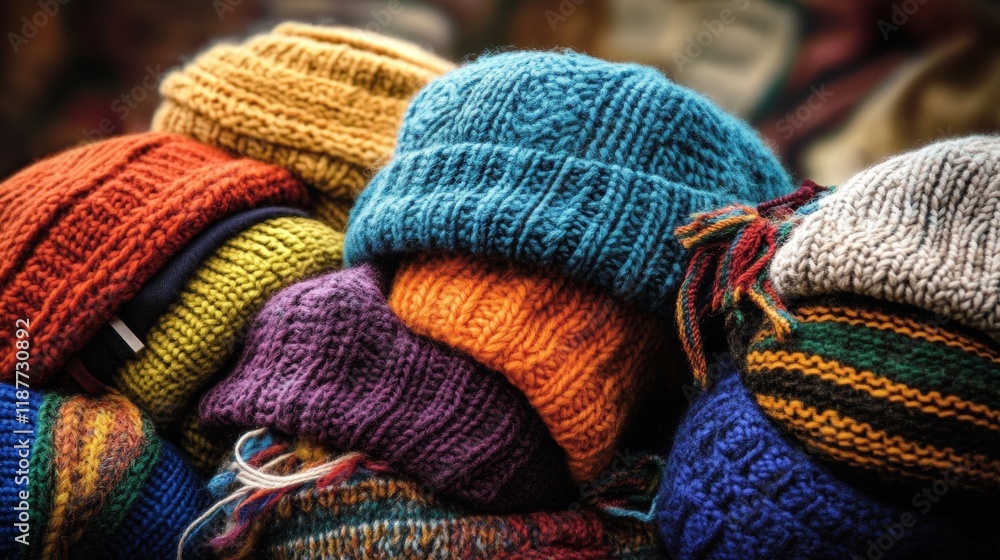 Poster Colorful knitted hats display in a variety of textures and patterns