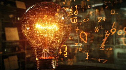 Glowing lamp as a symbol of scientific thought against the background of physical and mathematical formulas. Science and education background
