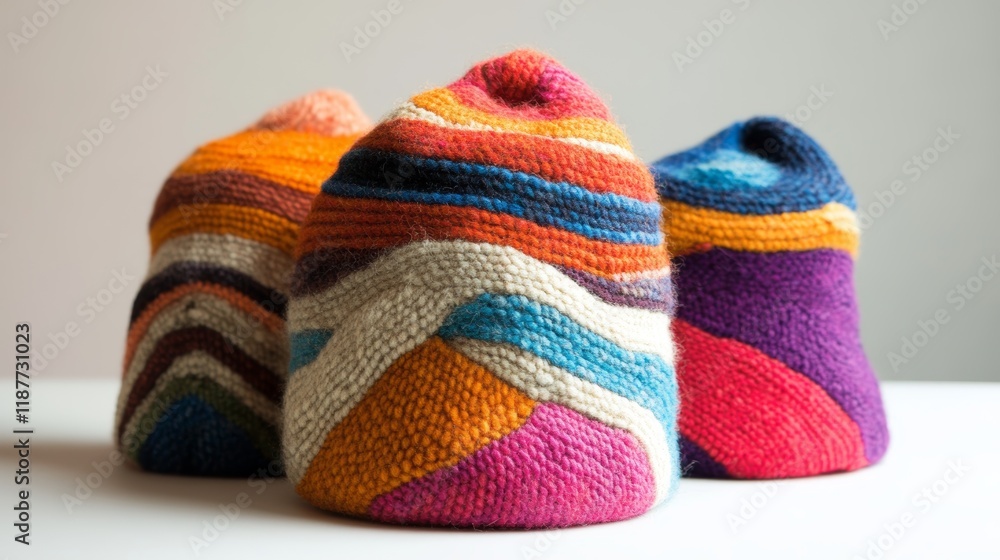 Poster vibrant multicolored knitted hats display with geometric patterns