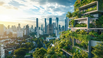 Obraz premium Modern Urban Cityscape with Greenery and Skyscrapers at Sunset