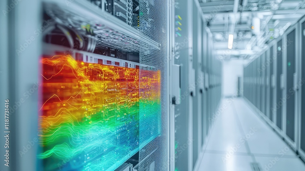 Poster data center infrastructure with colorful data stream visualization