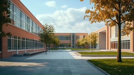 Classic school building with brick facade and large windows on sunny day