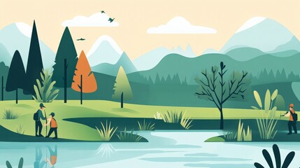 Serene Landscape with Hikers and Fisherman Near a Tranquil River Surrounded by Lush Green Trees and Majestic Mountains in a Peaceful Environment