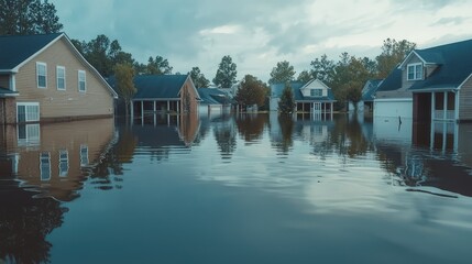 Obraz premium Flooded Neighborhood After Severe Storm with Submerged Houses
