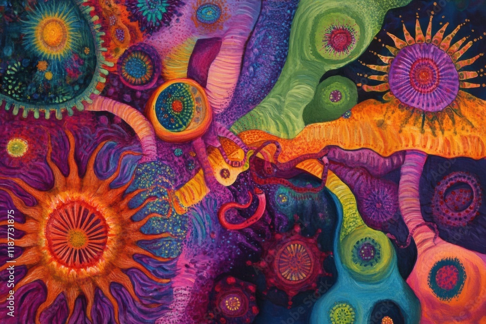Poster colorful depiction of a virus transforming and mutating in a microscopic environment filled with var