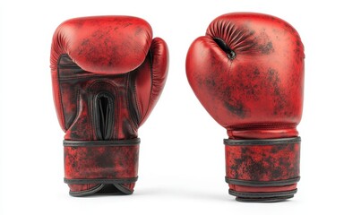 Pair of red boxing gloves, worn, isolated on white.