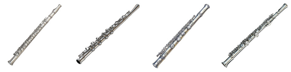 Obraz premium Flute, silver finish and detailed engravings, 3D watercolor illustration collection, PNG transparent background, clipart style
