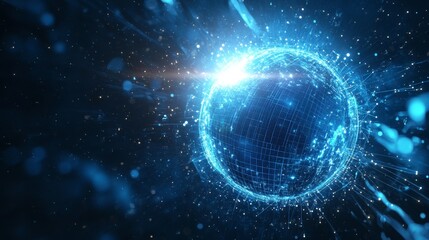 Fototapeta premium Futuristic digital globe with glowing blue light and data matrix in space