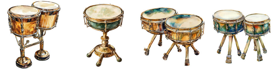 Vintage Timpani, polished drum heads and brass base, 3D watercolor illustration collection, for music enthusiasts. PNG transparent background, clipart style