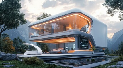 Modern Architectural Design with Sleek Lines and Scenic Background