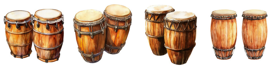 Traditional Conga Drums, rich wooden texture and taut drum heads, 3D watercolor illustration collection, artistry and cultural significance of musical instrument. Clipart PNG transparent background, 