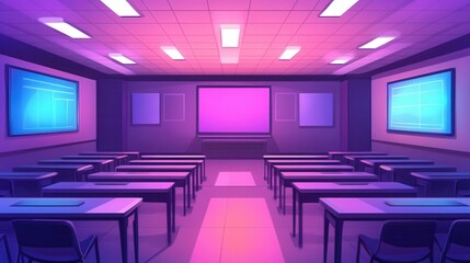 Obraz premium A modern classroom interior design with colorful lighting, empty desks, and a large display screen, ideal for educational and technology related imagery in stock photos.