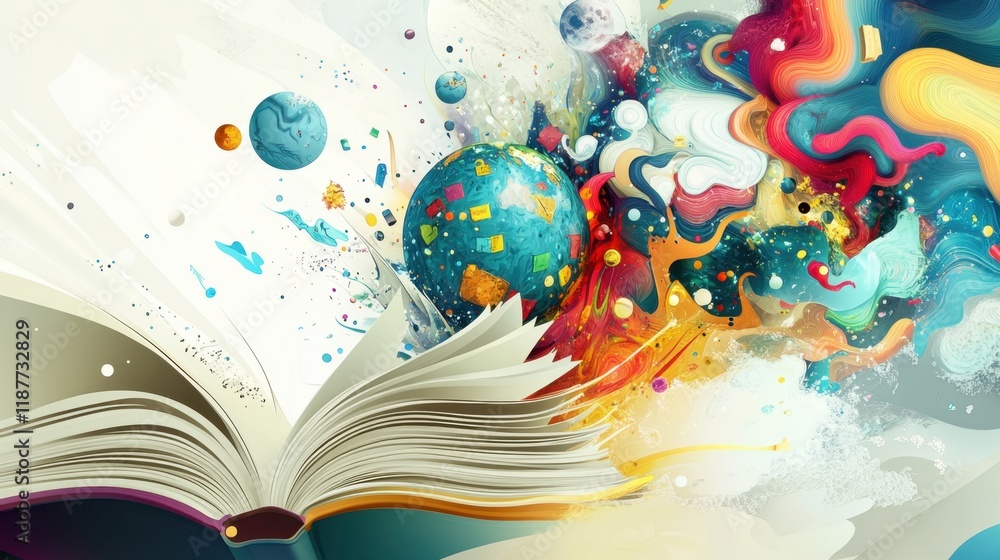 Poster open book unveiling a universe of imagination and colorful abstract worlds