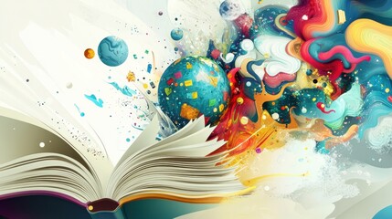 Open Book Unveiling a Universe of Imagination and Colorful Abstract Worlds