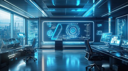 Fototapeta premium Futuristic Control Room with Advanced Technology and City View
