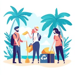 Group of eco-conscious individuals participating in a beach cleanup, promoting environmental awareness and recycling initiatives in a vibrant tropical setting