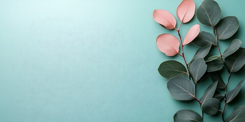 Obraz premium Pastel eucalyptus leaves on teal background; nature, beauty, design