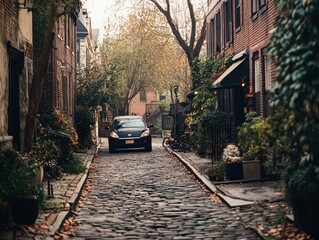Cozy urban alley with cobblestone street and parked car in autumn