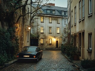 Vintage black car on a quaint european cobblestone street at dusk