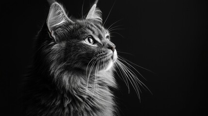 Majestic portrait of fluffy gray cat with long whiskers in black and white