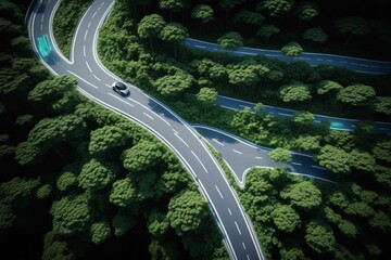 Aerial view of a winding mountain highway with cars surrounded by lush green trees and a river crossing under a bridge