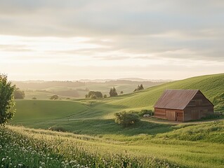 Obraz premium Tranquil rural landscape with rustic barn in lush green fields under a serene sky