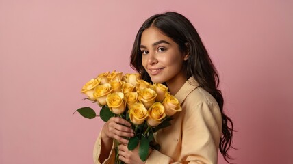 Young Woman Holding Bouquet of Yellow Rose Flowers