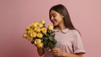 Woman with bouquet of flowers Bouquet of Yellow Rose Flowers