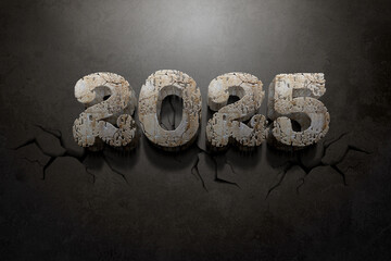 3d Rendering Illustration of a cracked stone 2025 design.