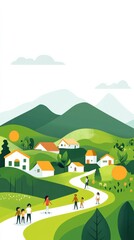 Vibrant Landscape Illustration with Rolling Hills, Colorful Houses, and Diverse People Enjoying Nature in a Serene Countryside Setting