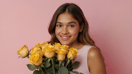 Young Woman Holding Bouquet of Yellow Rose Flowers