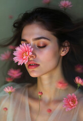 Fototapeta premium Artistic portrait of a serene woman with pink flowers on her face and background, symbolizing natural beauty and elegance..