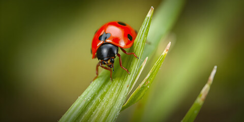 Fototapeta premium Close-up of a bright red ladybug on a green blade of grass, vibrant tones, sharp details, studio-lit, centered in 8K