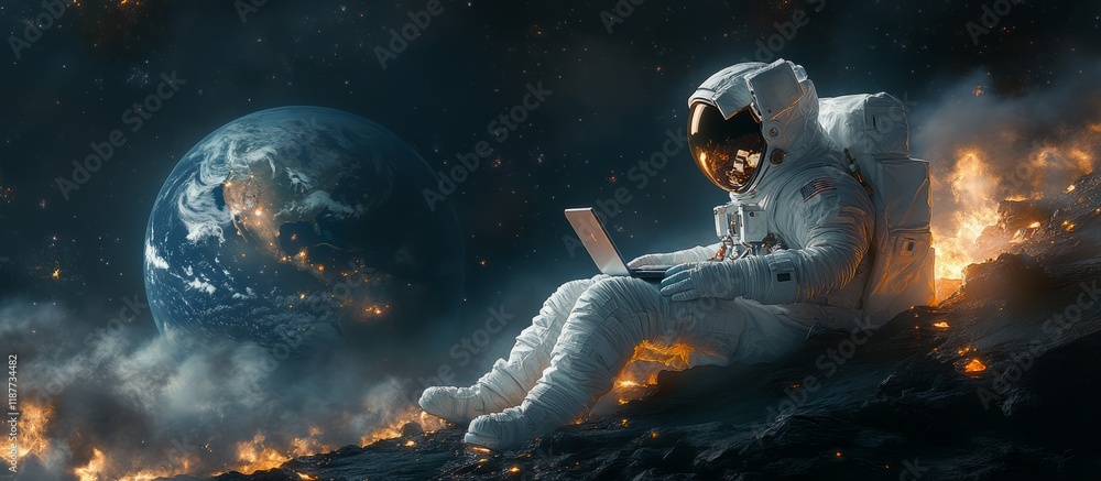 Poster a man in a spacesuit is sitting on a rocky surface with a laptop in front of him