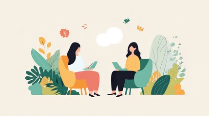 Two Women Engaged in a Productive Discussion with Laptops Surrounded by Colorful Plants and Floral Elements in a Modern Illustrated Style