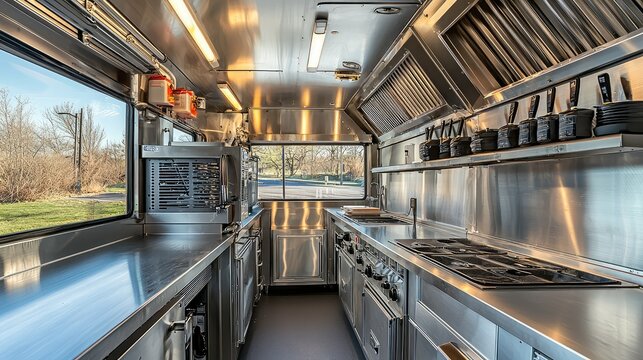 Modern Stainless Steel Food Truck Interior with Cooking Equipment