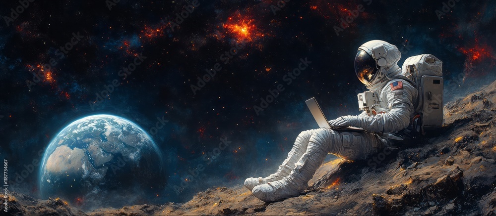 Poster a man in a spacesuit is sitting on a rocky surface with a laptop in front of him