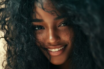 Fototapeta premium Commercial ad campaign concept visual graphic. Pretty smiling black girl - for ads, ad page and web marketing networks use. Long haircut - curly hair. Gorgeous long hair african models.