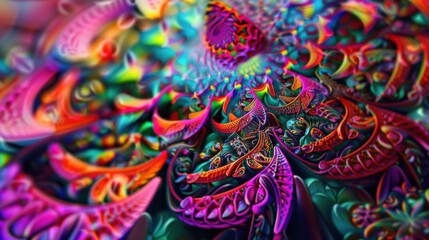 a colorful psychedelic artwork with intricate fractal patterns and vibrant hues, No objects, white space in the center of the page for text