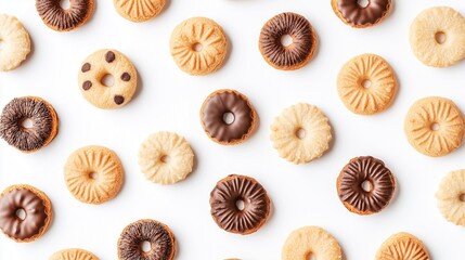 Different cookies or doughnuts in a pattern ,Flat lay,Full depth of field, isolated on white background