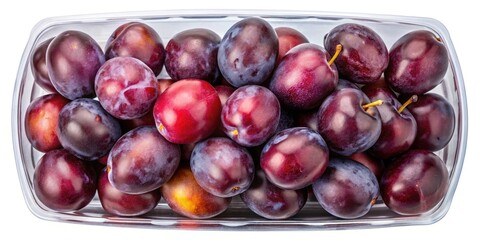 Fototapeta premium Aerial View Fresh Ripe Purple Plums in Plastic Box - Top Shot Isolated White Background