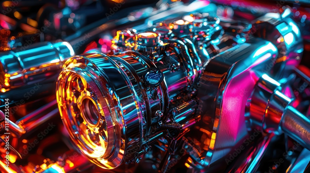 Poster shiny engine close-up with colorful lights and reflections