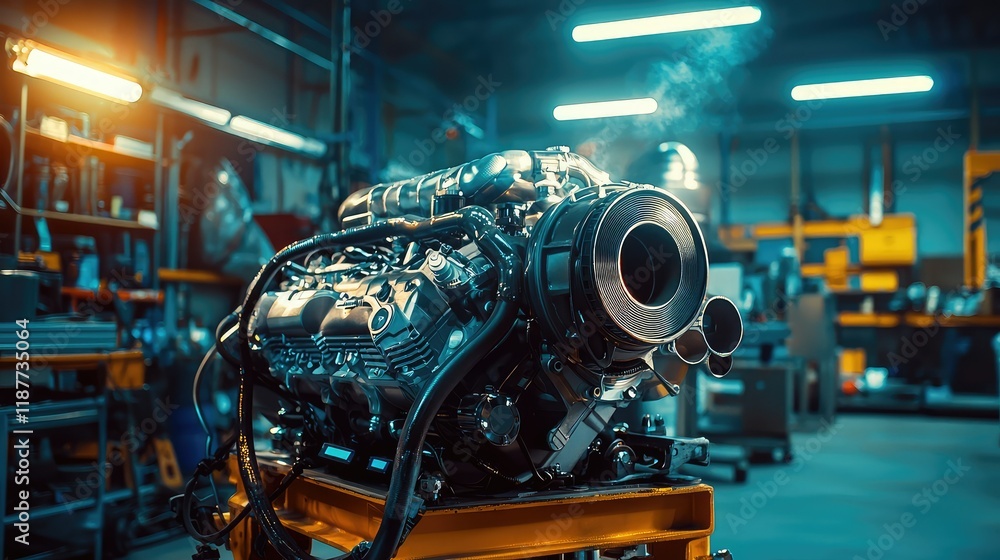 Poster high-performance engine on yellow stand in modern workshop environment