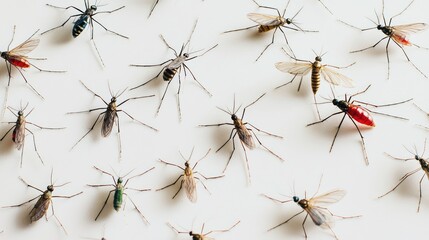 Diverse Collection of Various Mosquito Species on Light Background